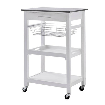 White Stainless Steel Top Kitchen Cart with Drawer and Storage Shelves FastFurnishings