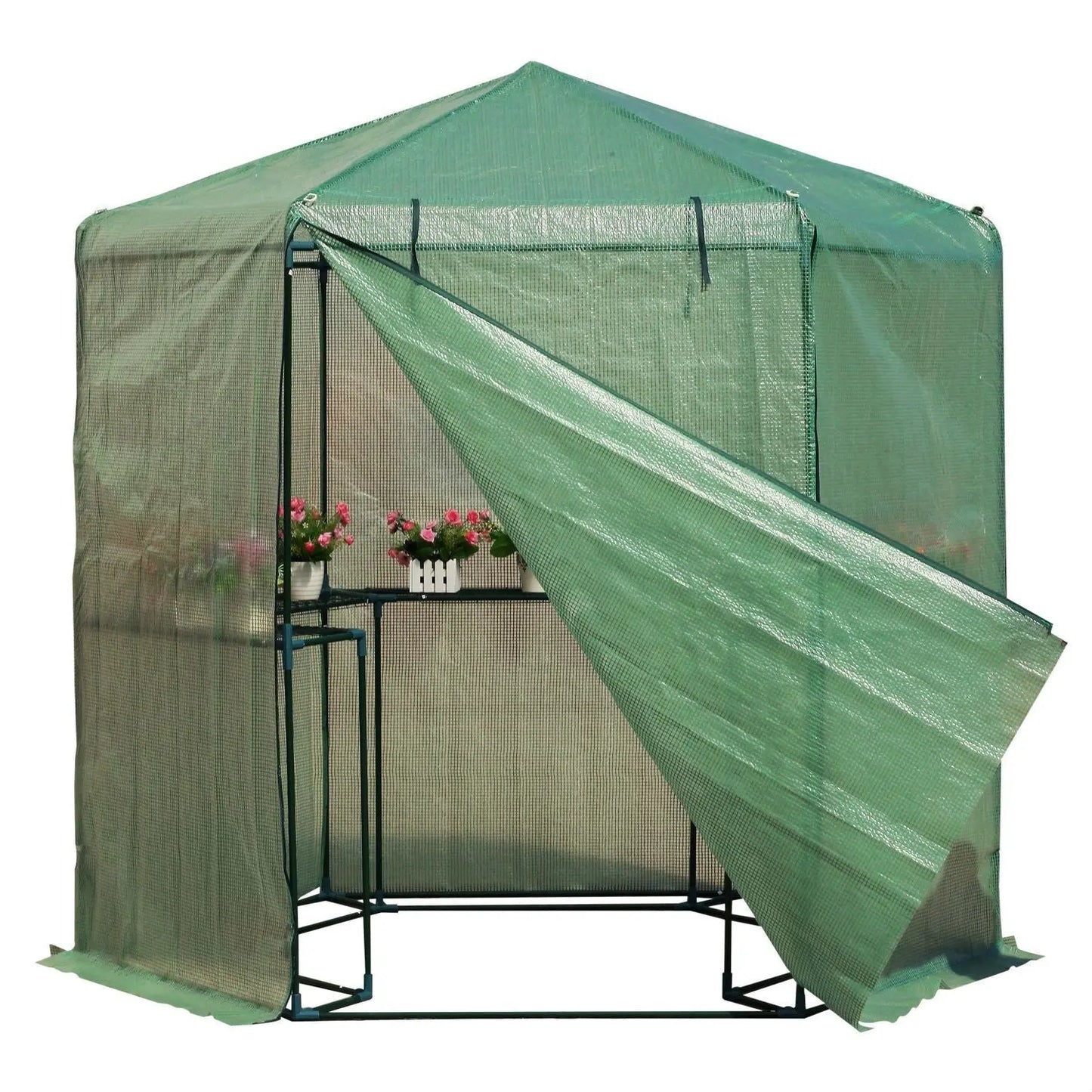 Outdoor Hexagon Greenhouse 6.5 x 7 Ft with Steel Frame PE Cover and Shelves FastFurnishings