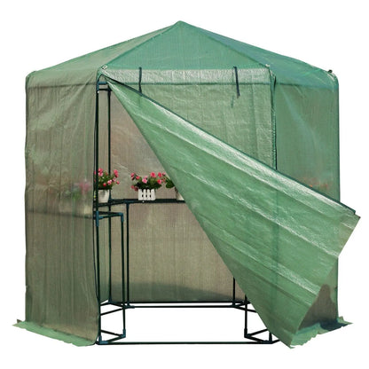 Outdoor Hexagon Greenhouse 6.5 x 7 Ft with Steel Frame PE Cover and Shelves FastFurnishings