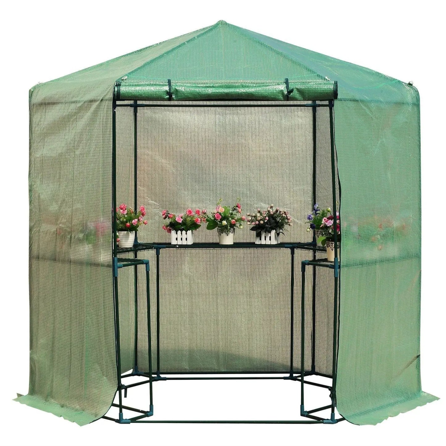 Outdoor Hexagon Greenhouse 6.5 x 7 Ft with Steel Frame PE Cover and Shelves FastFurnishings