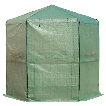 Outdoor Hexagon Greenhouse 6.5 x 7 Ft with Steel Frame PE Cover and Shelves FastFurnishings