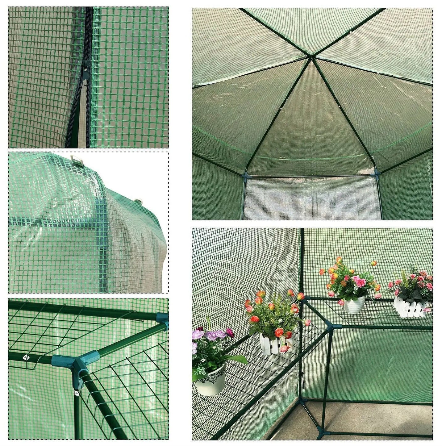 Outdoor Hexagon Greenhouse 6.5 x 7 Ft with Steel Frame PE Cover and Shelves FastFurnishings