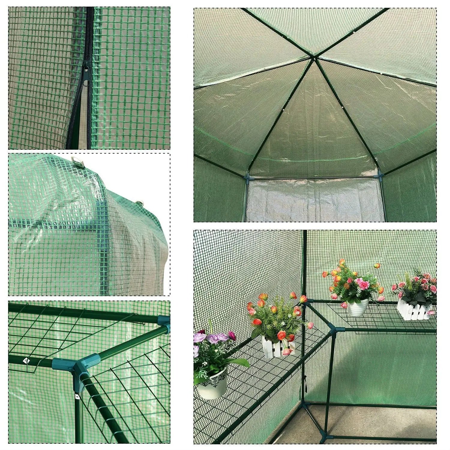 Outdoor Hexagon Greenhouse 6.5 x 7 Ft with Steel Frame PE Cover and Shelves FastFurnishings
