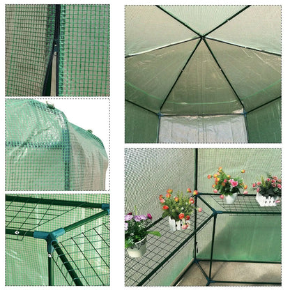 Outdoor Hexagon Greenhouse 6.5 x 7 Ft with Steel Frame PE Cover and Shelves FastFurnishings