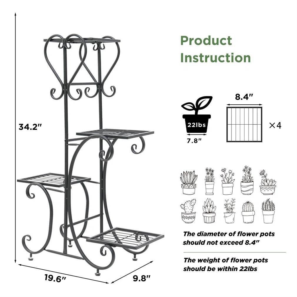 Elegant Black Metal 4-Shelf Plant Stand FastFurnishings