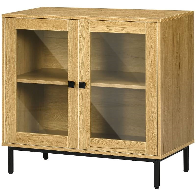 Modern Glass Door Sideboard Buffet Dining Storage Cabinet in Oak Wood Finish FastFurnishings