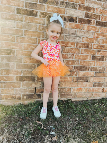 Orange and pink leopard mesh skirted romper - Get it from Bo