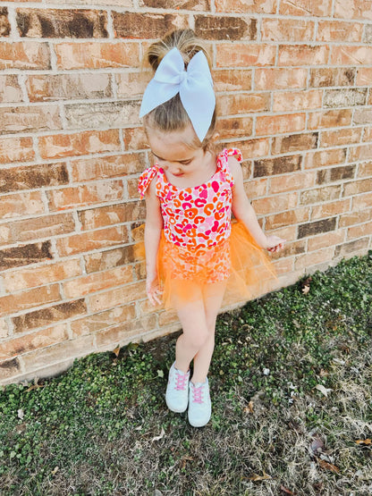 Orange and pink leopard mesh skirted romper - Get it from Bo