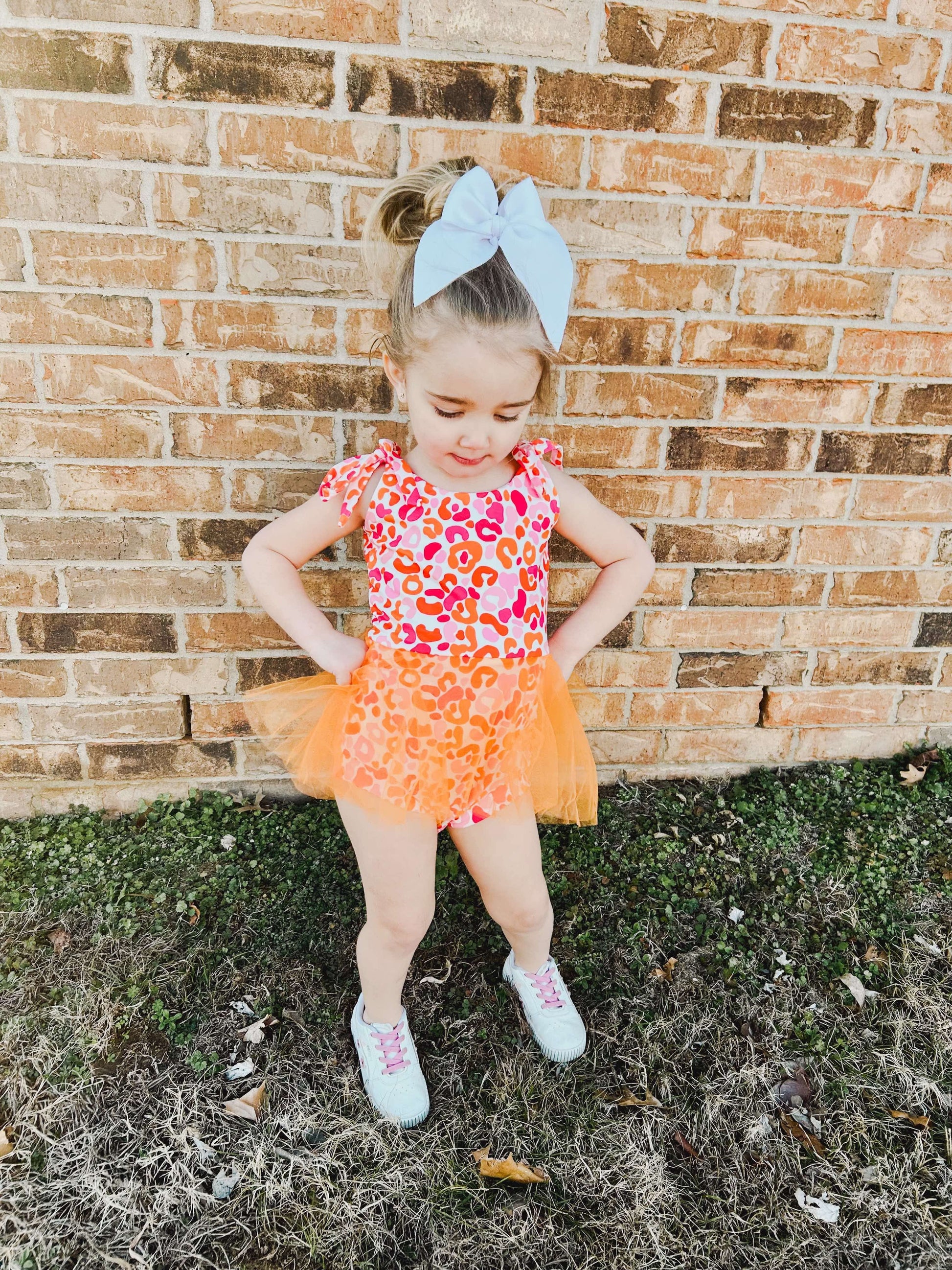 Orange and pink leopard mesh skirted romper - Get it from Bo