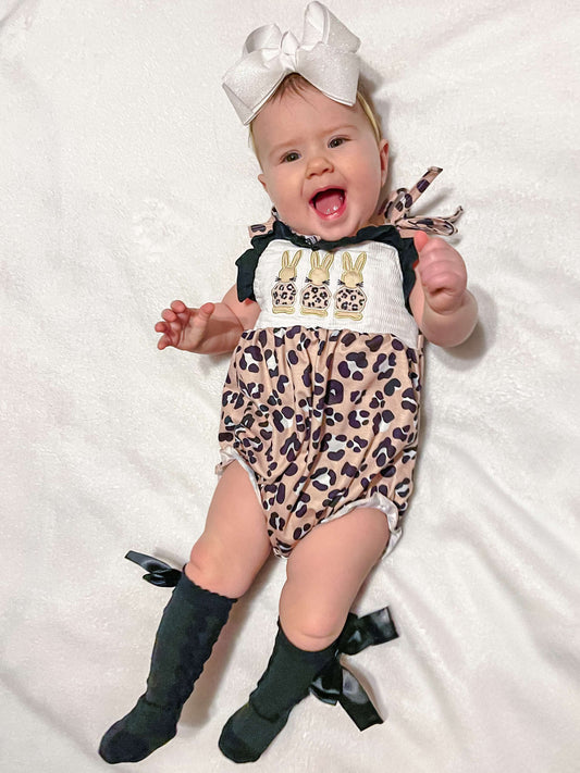Smocked leopard bunny tie romper - Get it from Bo