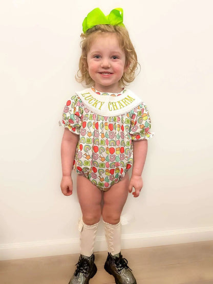Smocked lucky charm girl romper - Get it from Bo