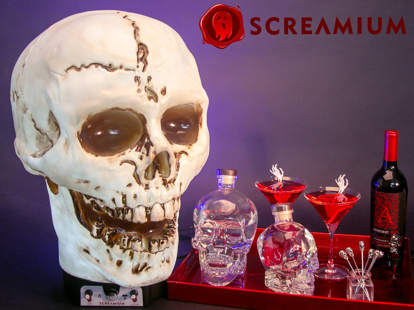 Giant Skull Animatronic Lamp Prop 20-Inch-Tall Heavy Duty Polyresin Halloween Decoration SCREAMIUM