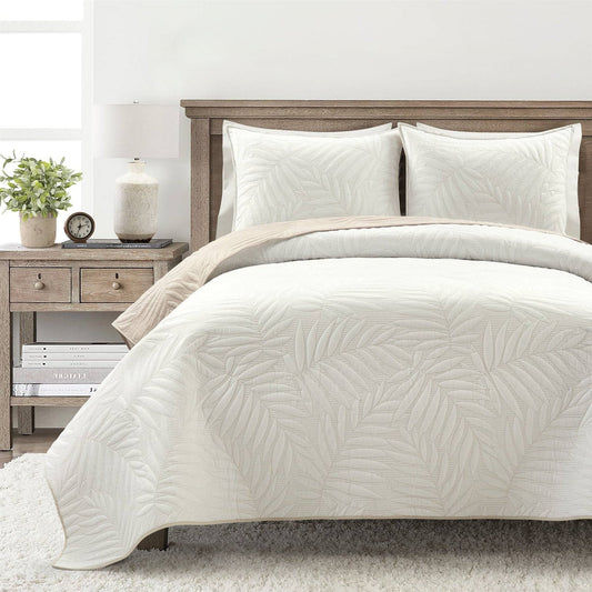 Full/Queen Lightweight Fern Leaf Reversible 3-PC White Beige Cotton Quilt Set FastFurnishings