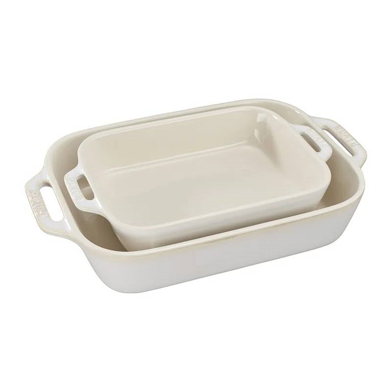2 Piece Ceramic Stoneware Baking Dish Set in Ivory Cream Beige FastFurnishings