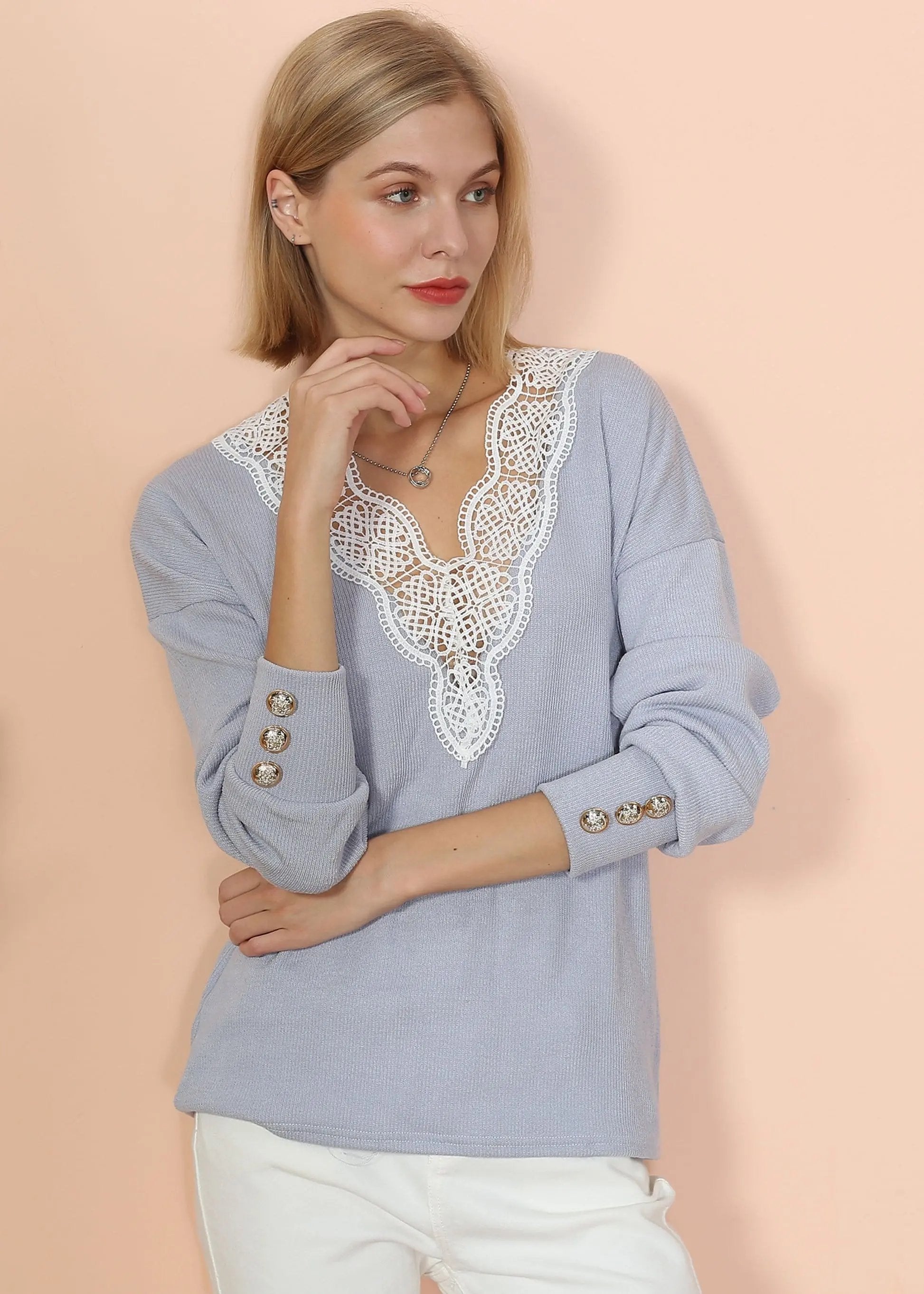 V Neck Lace Trim Sweater Anna-Kaci Wholesale