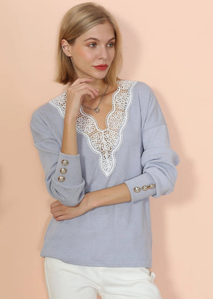 V Neck Lace Trim Sweater Anna-Kaci Wholesale