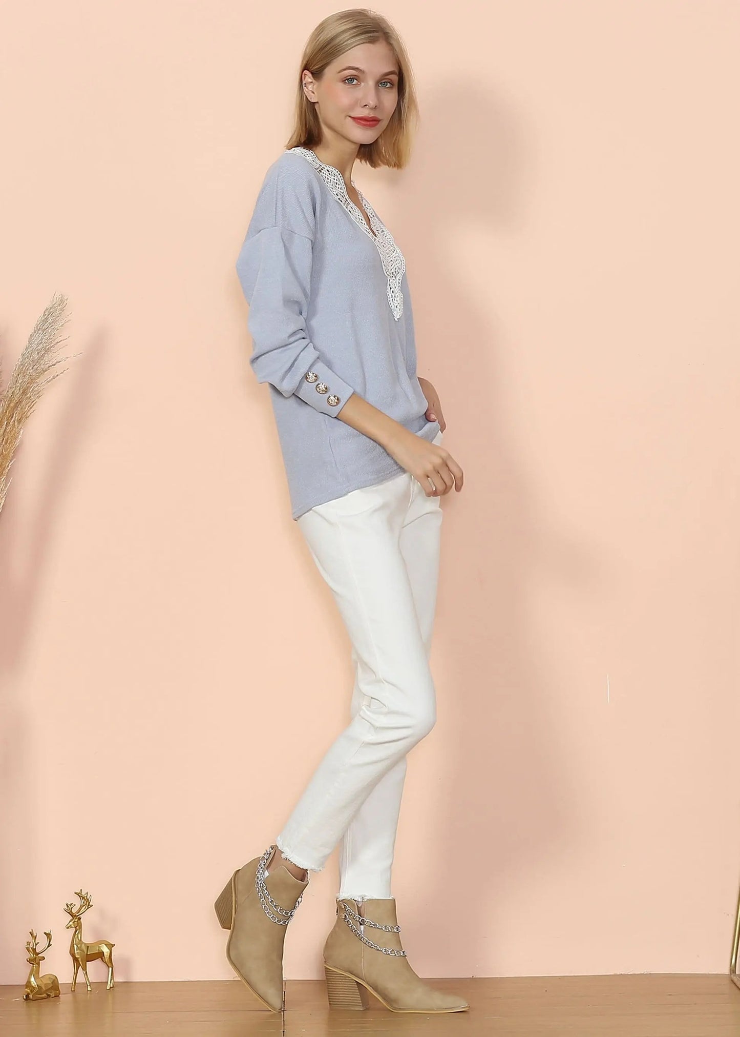 V Neck Lace Trim Sweater Anna-Kaci Wholesale