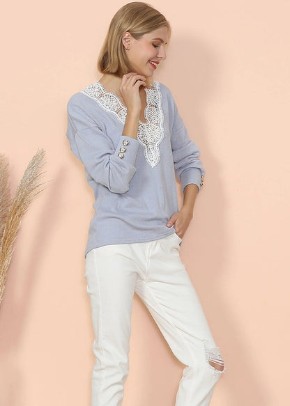 V Neck Lace Trim Sweater Anna-Kaci Wholesale