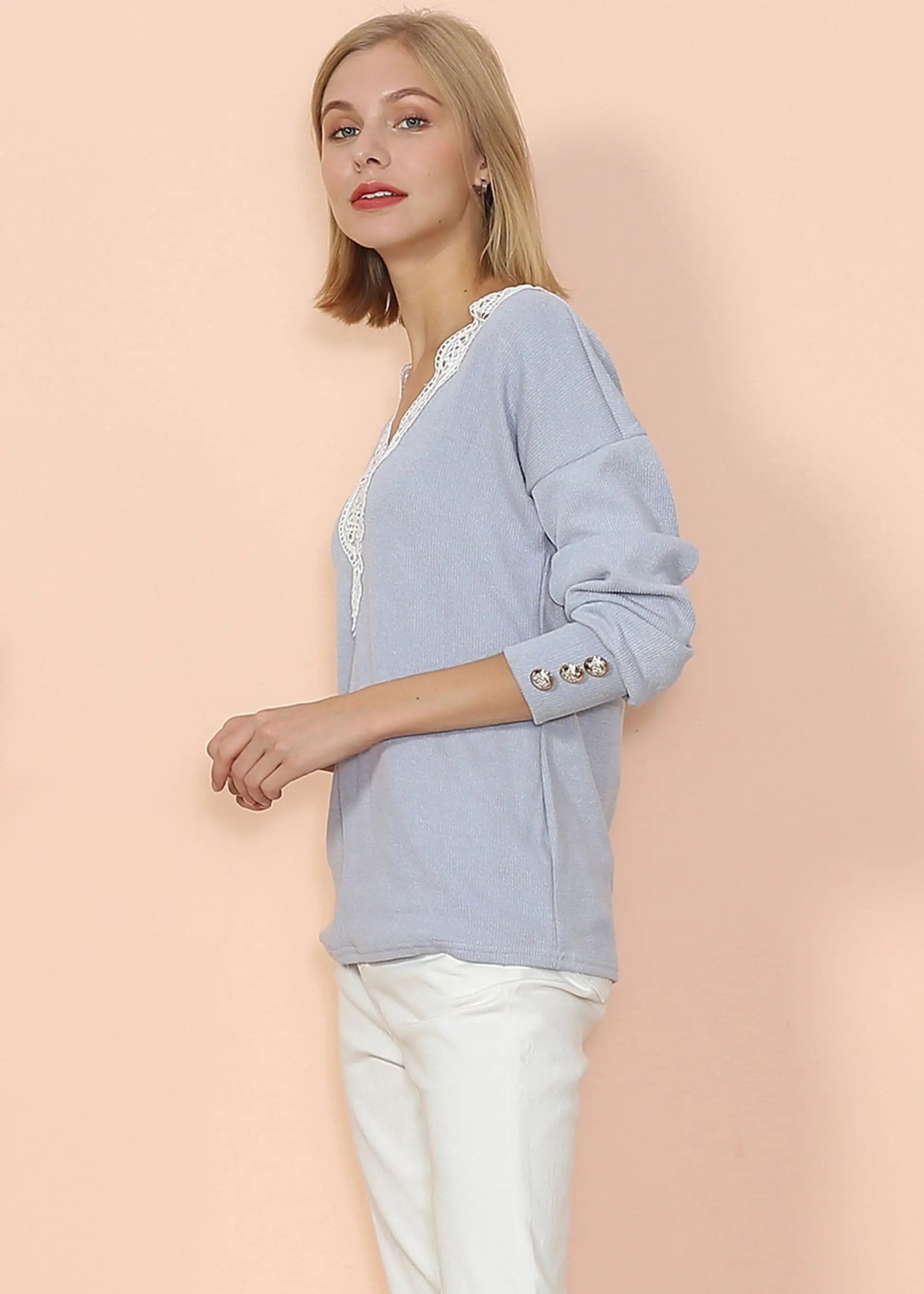 V Neck Lace Trim Sweater Anna-Kaci Wholesale