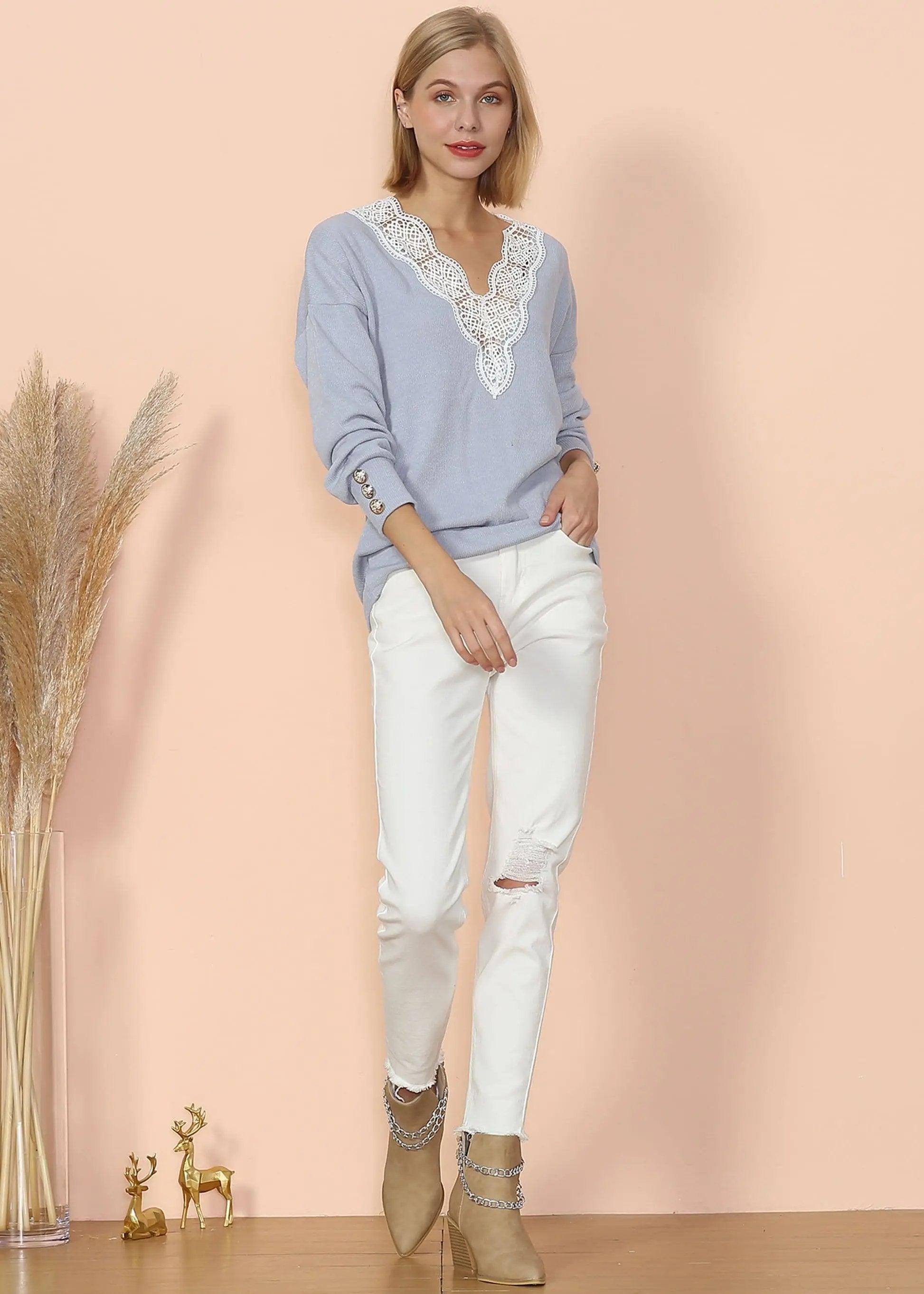 V Neck Lace Trim Sweater Anna-Kaci Wholesale