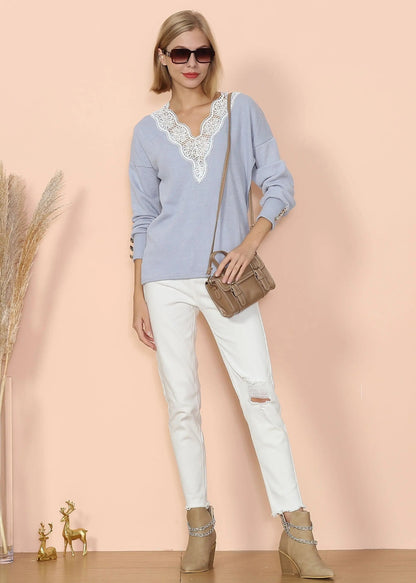 V Neck Lace Trim Sweater Anna-Kaci Wholesale