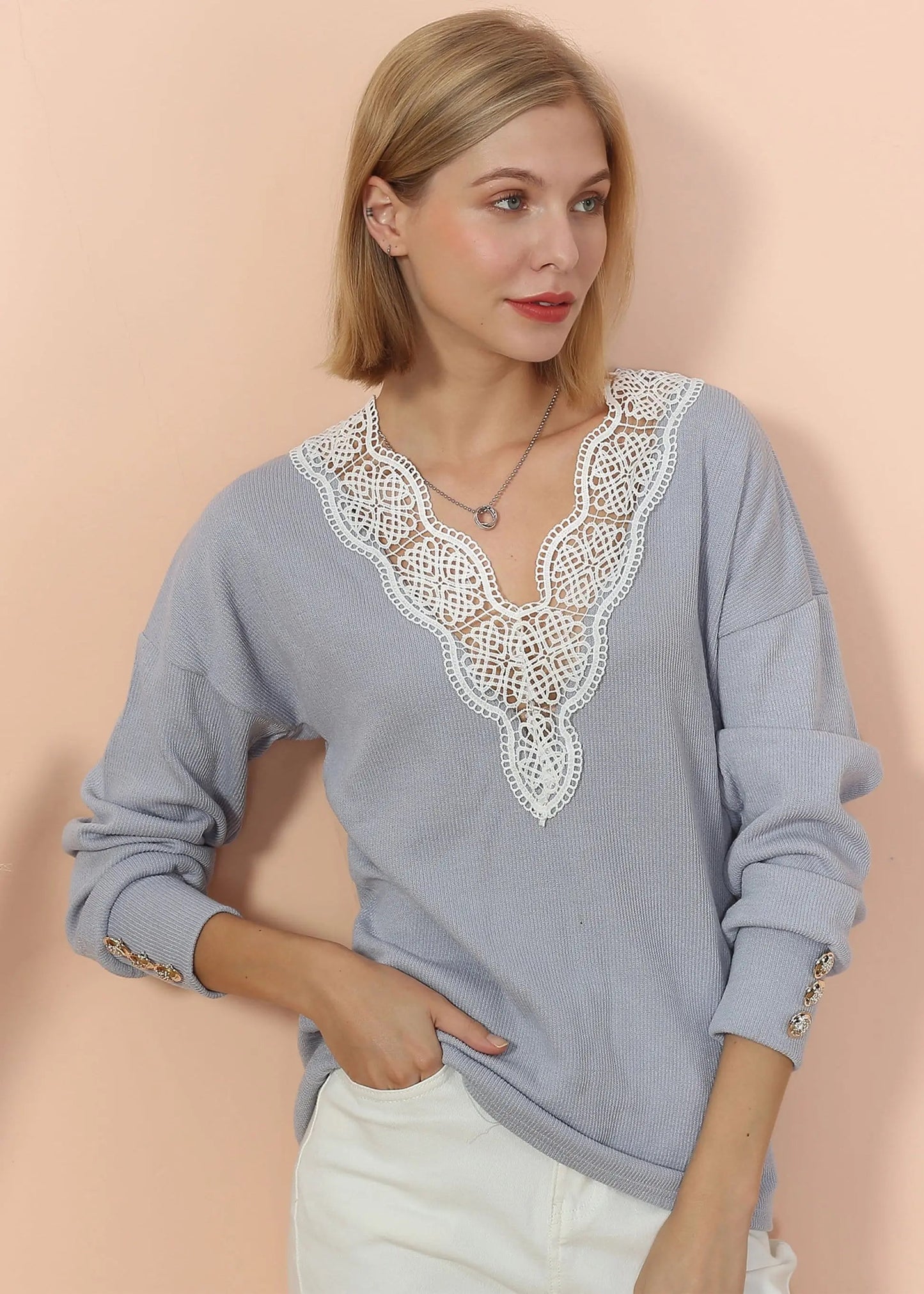V Neck Lace Trim Sweater Anna-Kaci Wholesale