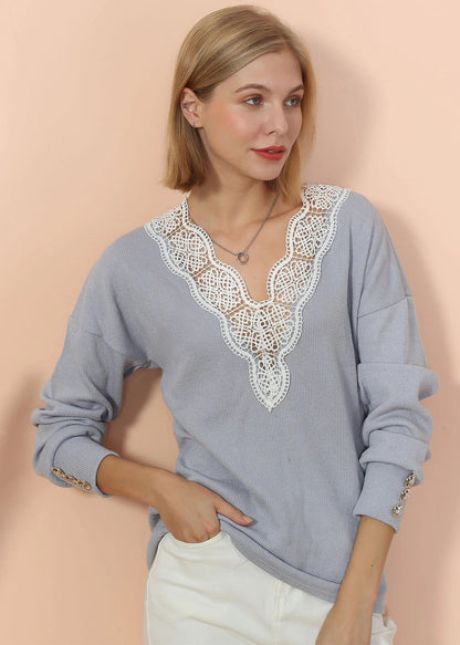 V Neck Lace Trim Sweater Anna-Kaci Wholesale