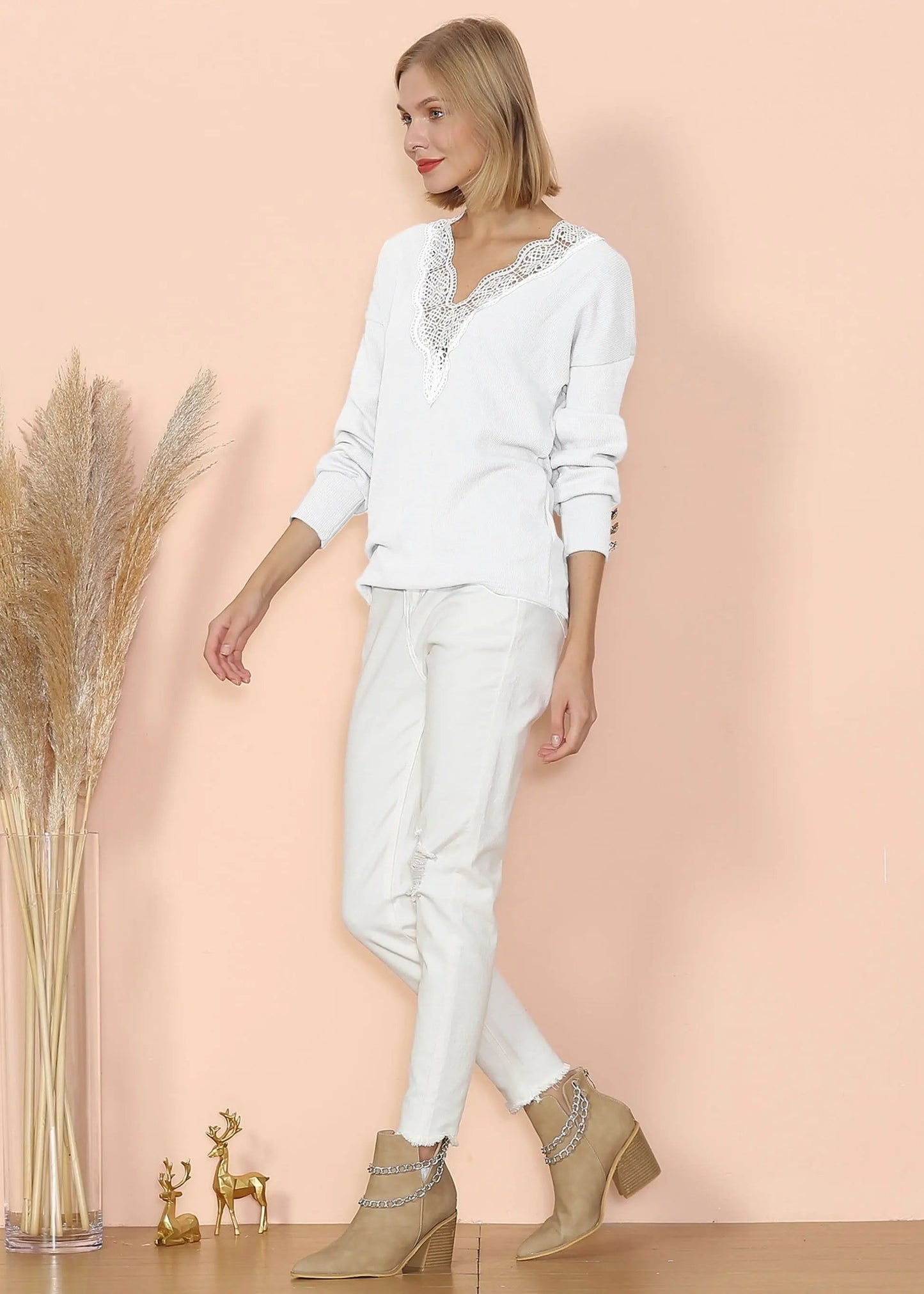 V Neck Lace Trim Sweater Anna-Kaci Wholesale