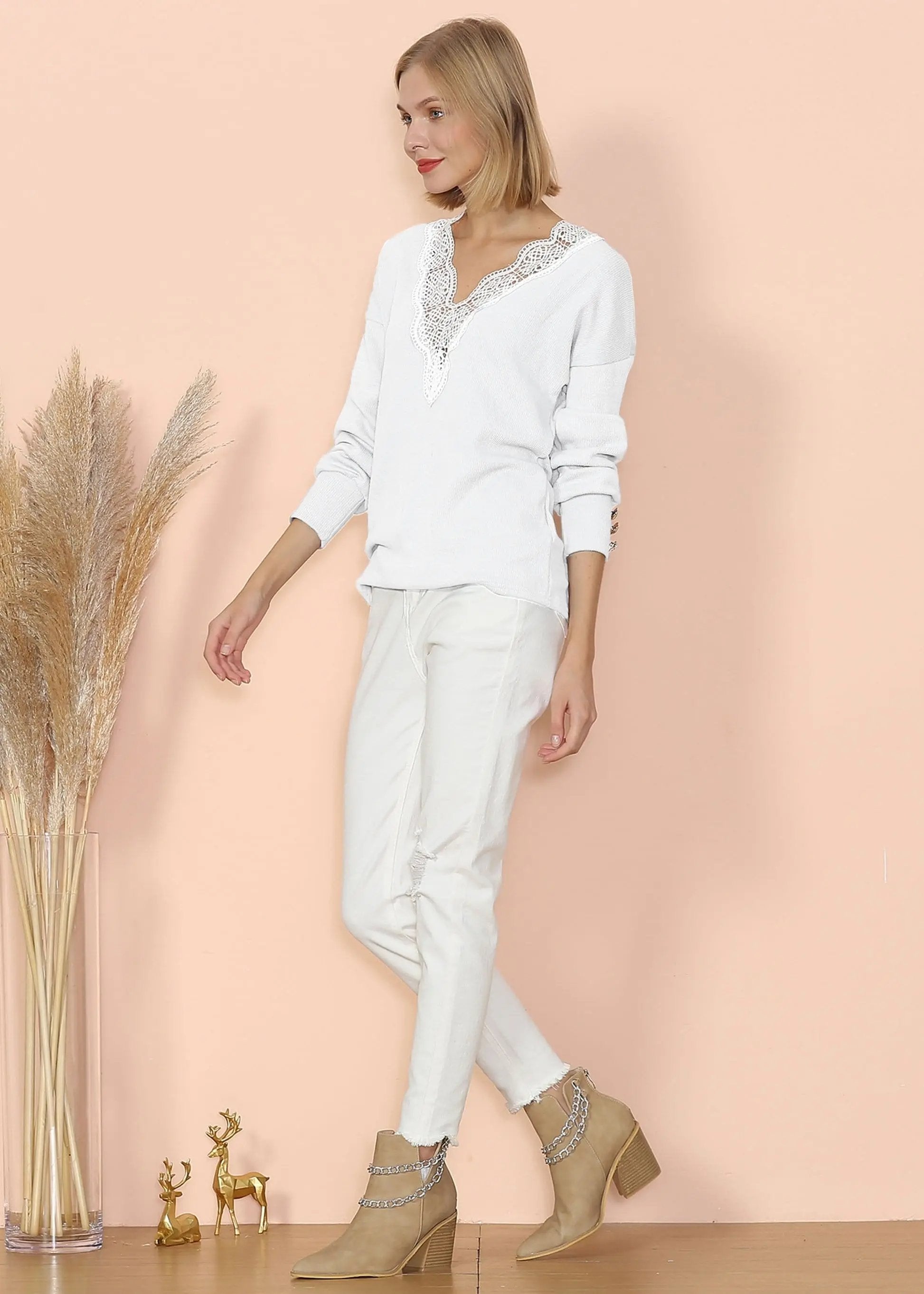 V Neck Lace Trim Sweater Anna-Kaci Wholesale