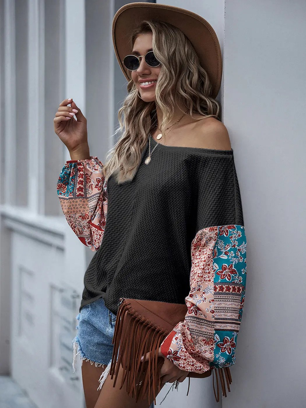 Paisley Printed Puffed Sleeve Pullover Anna-Kaci Wholesale