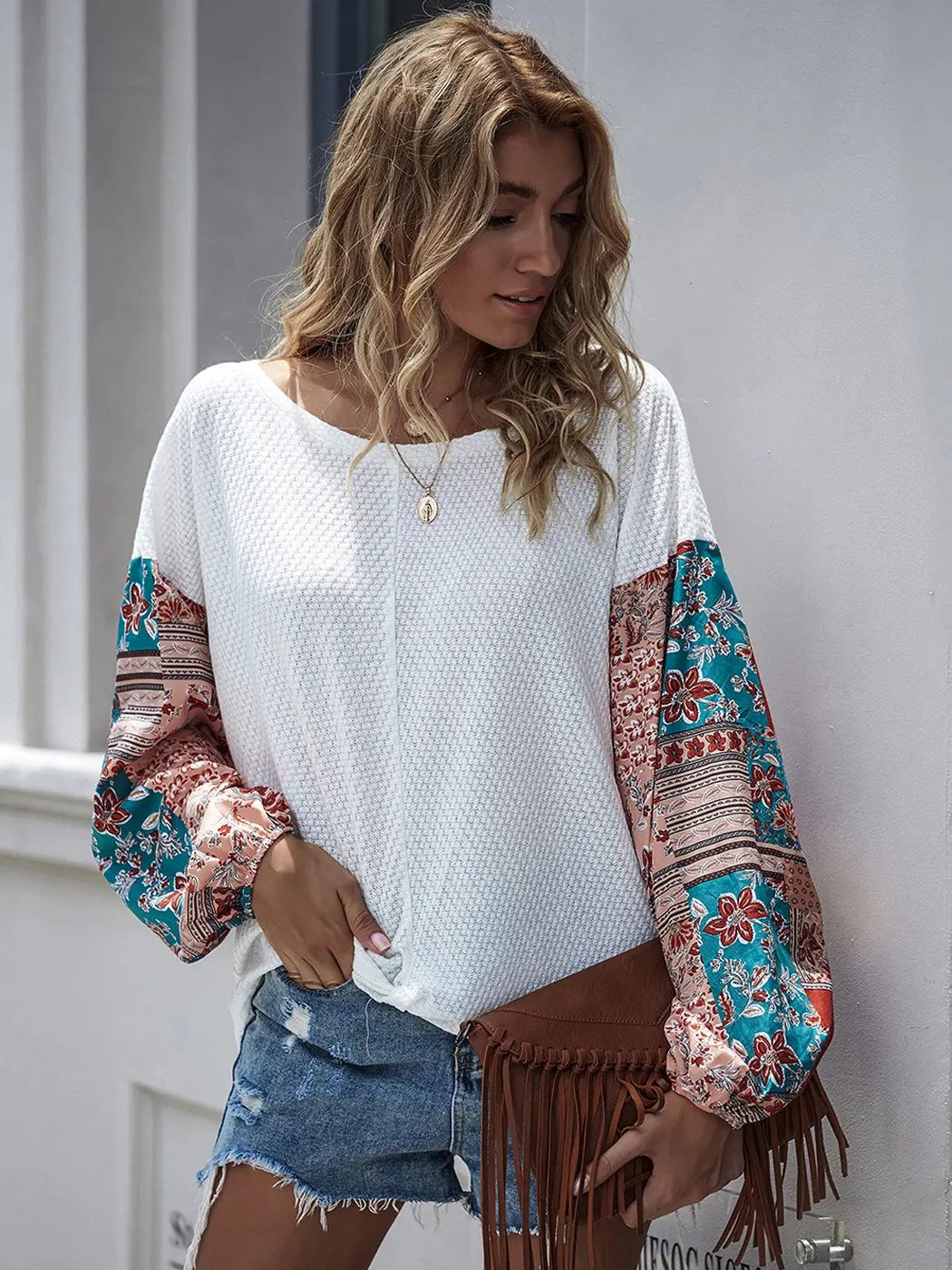 Paisley Printed Puffed Sleeve Pullover Anna-Kaci Wholesale