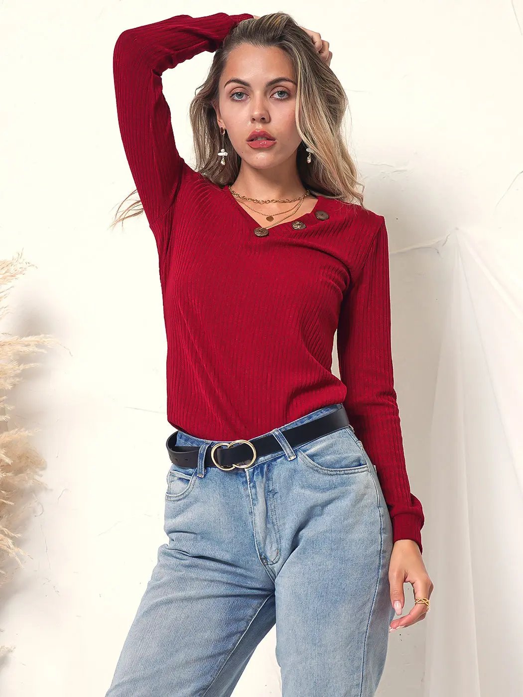 Light V-Neck Button Pullover Anna-Kaci Wholesale