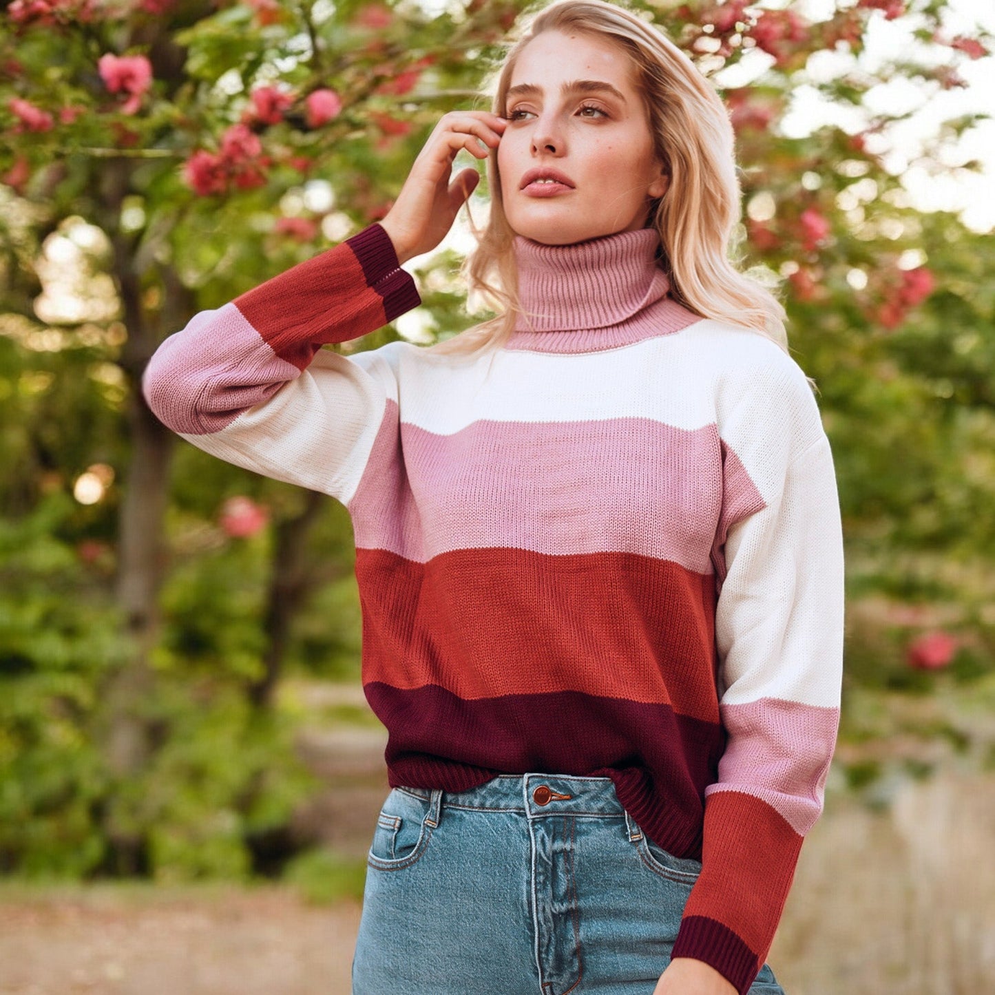 Striped Turtleneck Knit Pullover Sweater with Long Sleeves Anna-Kaci Wholesale
