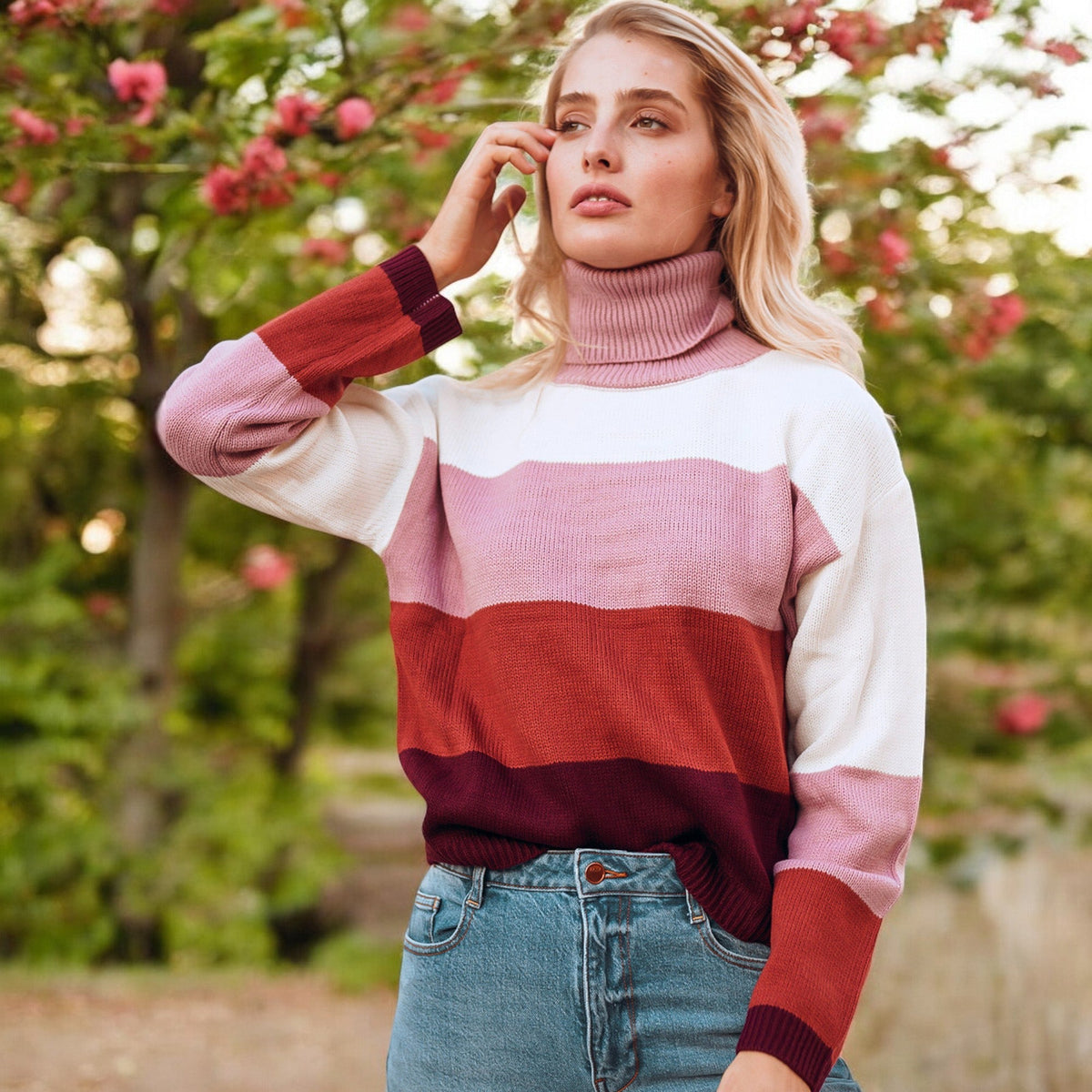 Striped Turtleneck Knit Pullover Sweater with Long Sleeves Anna-Kaci Wholesale
