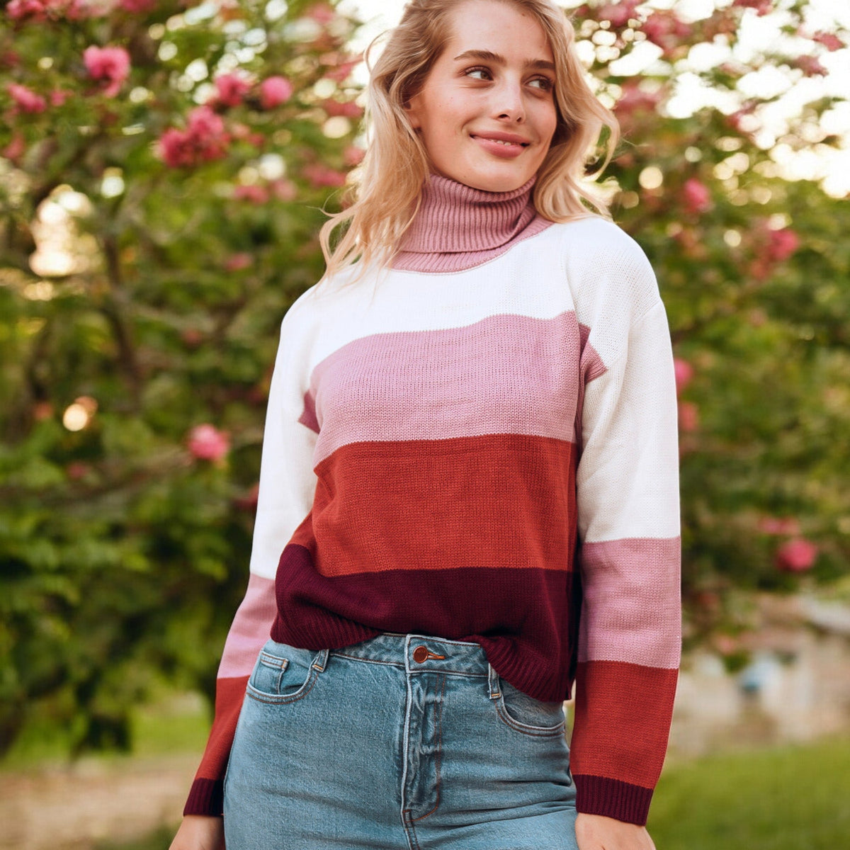 Striped Turtleneck Knit Pullover Sweater with Long Sleeves Anna-Kaci Wholesale