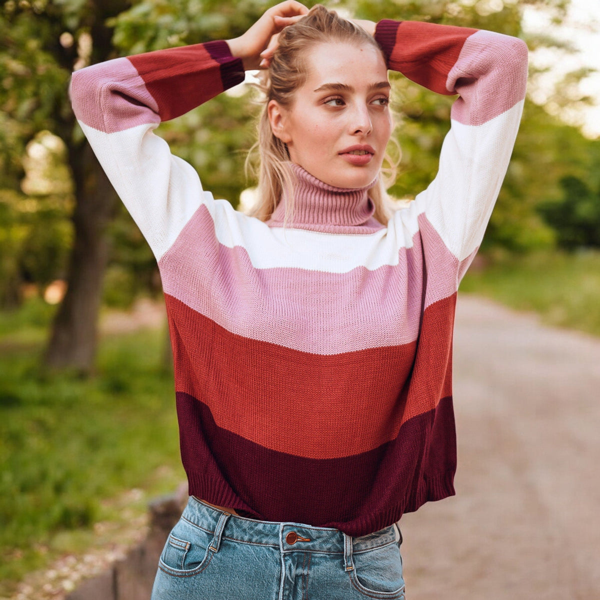 Striped Turtleneck Knit Pullover Sweater with Long Sleeves Anna-Kaci Wholesale