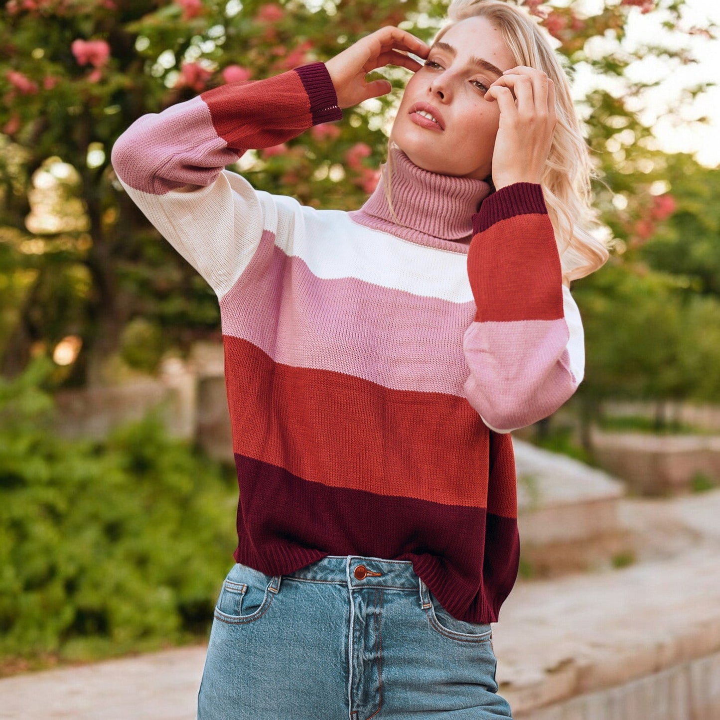 Striped Turtleneck Knit Pullover Sweater with Long Sleeves Anna-Kaci Wholesale