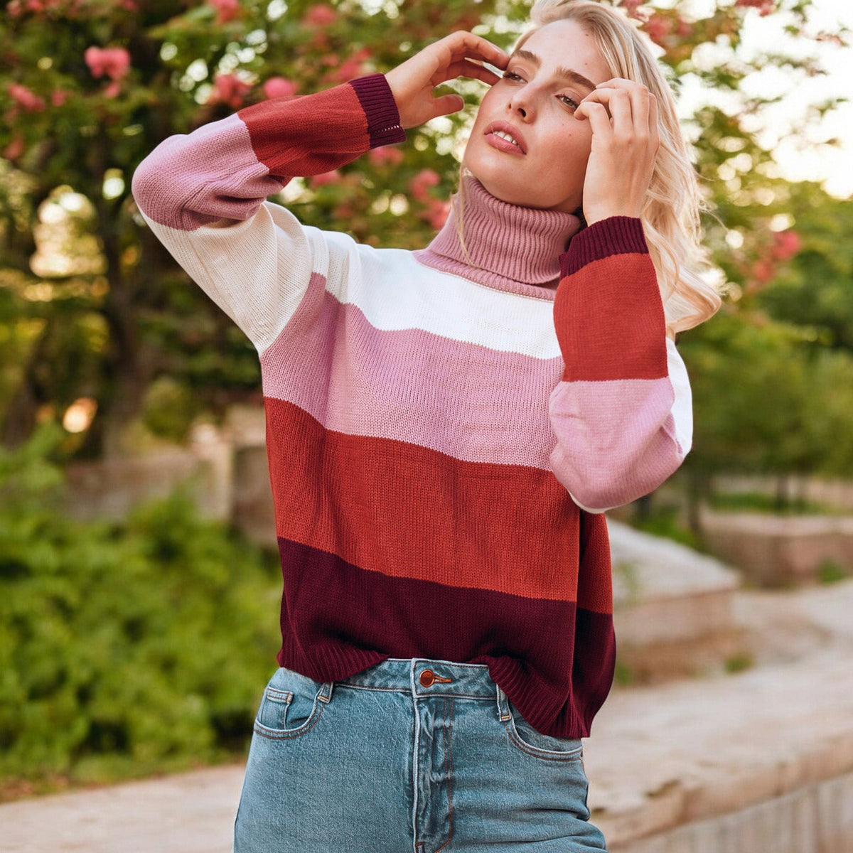 Striped Turtleneck Knit Pullover Sweater with Long Sleeves Anna-Kaci Wholesale