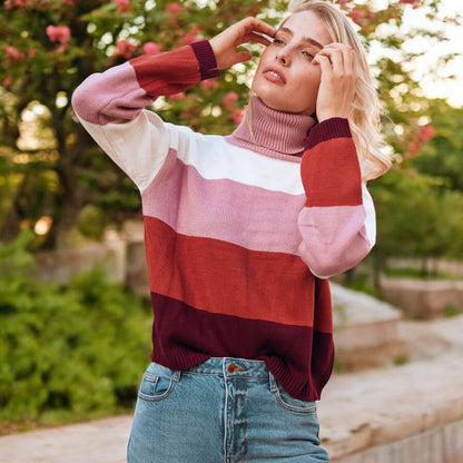 Striped Turtleneck Knit Pullover Sweater with Long Sleeves Anna-Kaci Wholesale