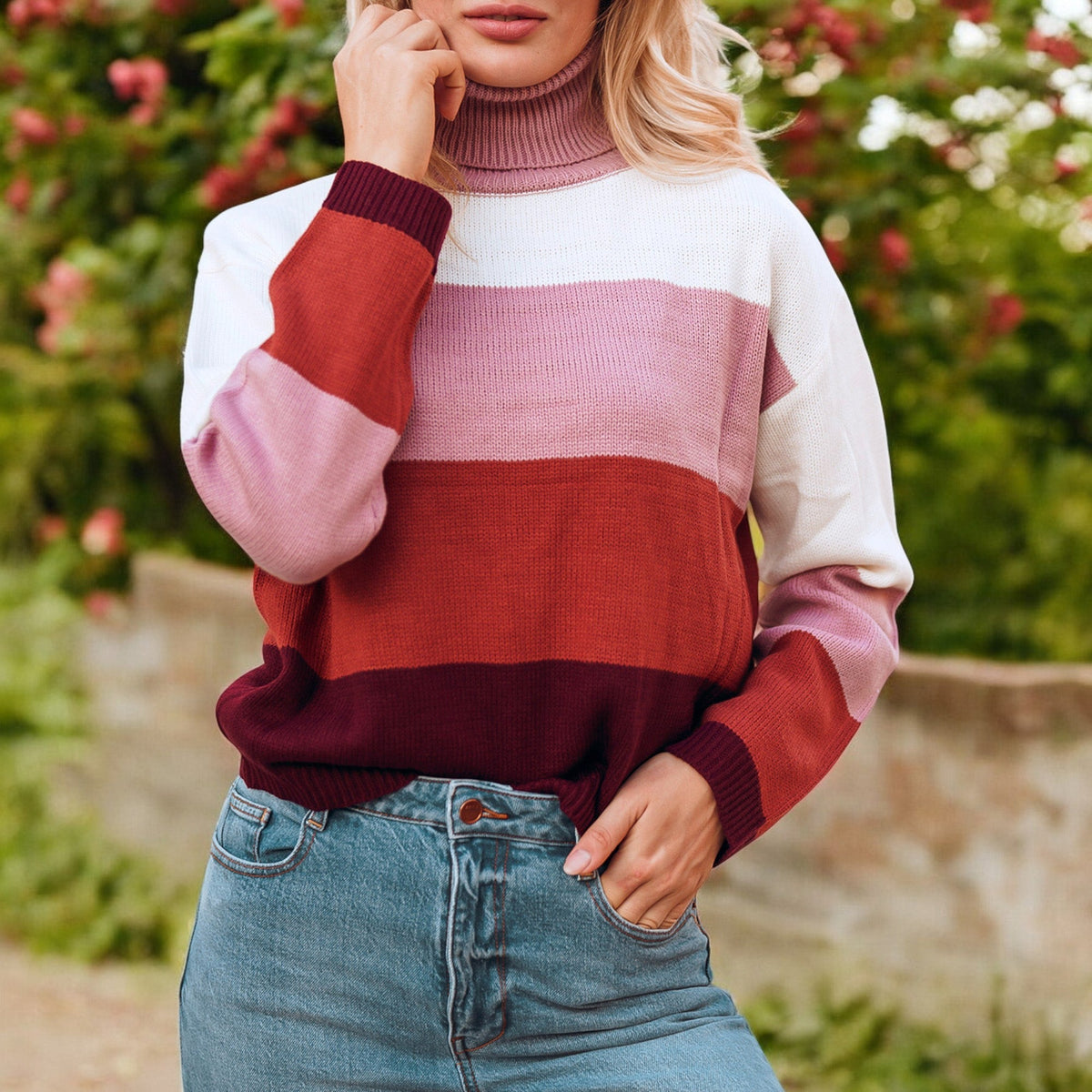 Striped Turtleneck Knit Pullover Sweater with Long Sleeves Anna-Kaci Wholesale