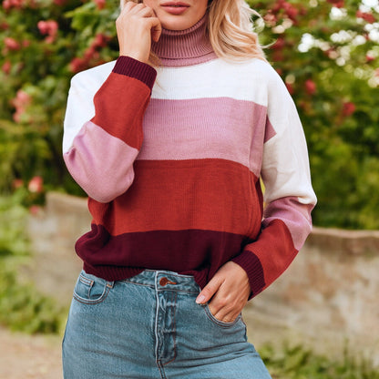 Striped Turtleneck Knit Pullover Sweater with Long Sleeves Anna-Kaci Wholesale
