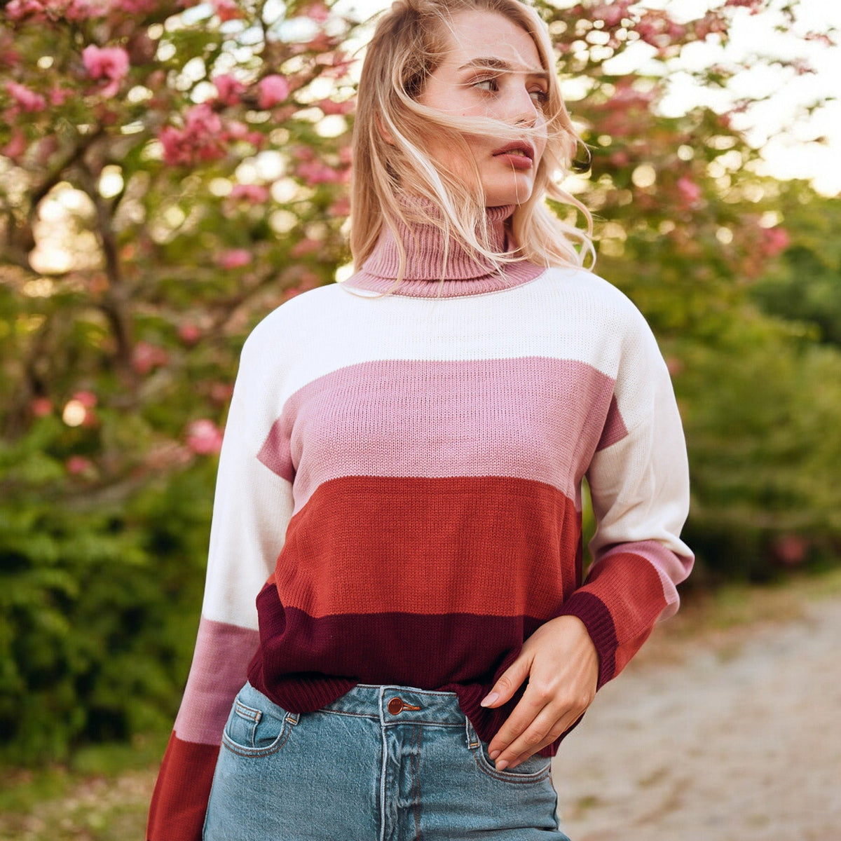 Striped Turtleneck Knit Pullover Sweater with Long Sleeves Anna-Kaci Wholesale