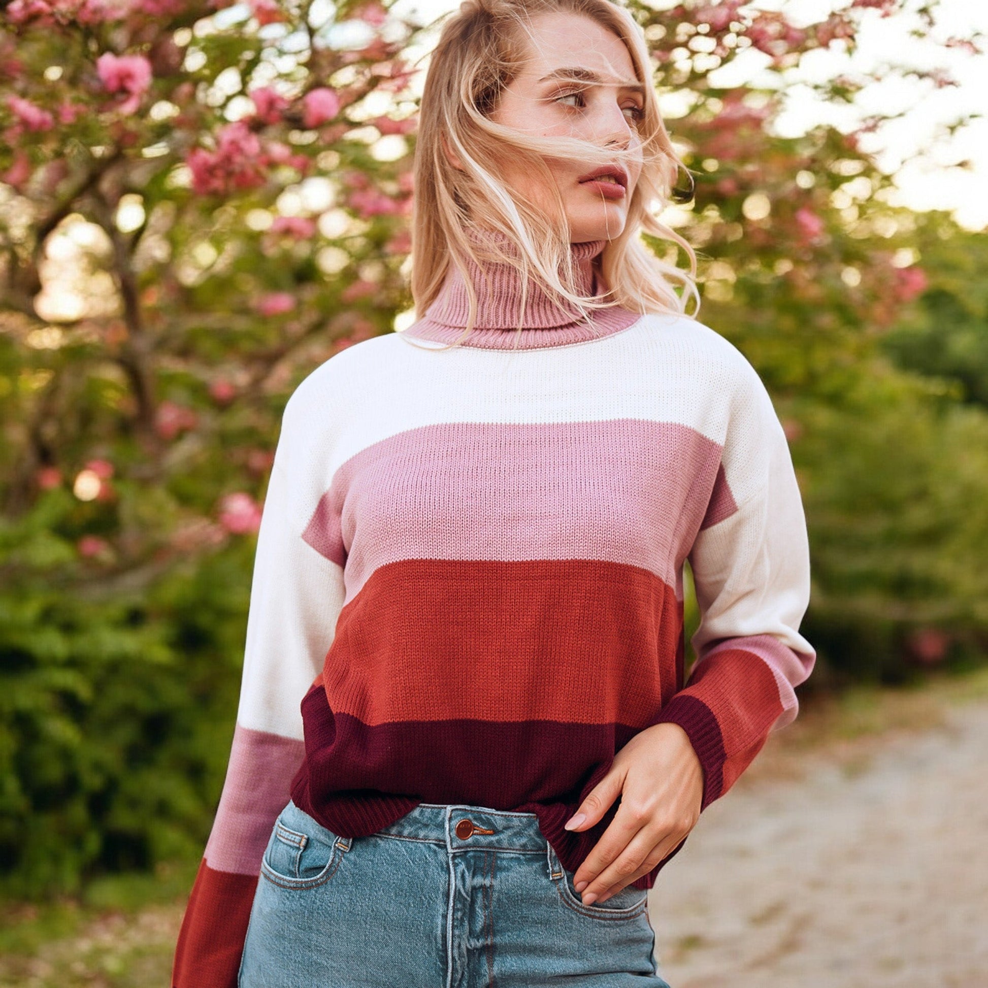 Striped Turtleneck Knit Pullover Sweater with Long Sleeves Anna-Kaci Wholesale
