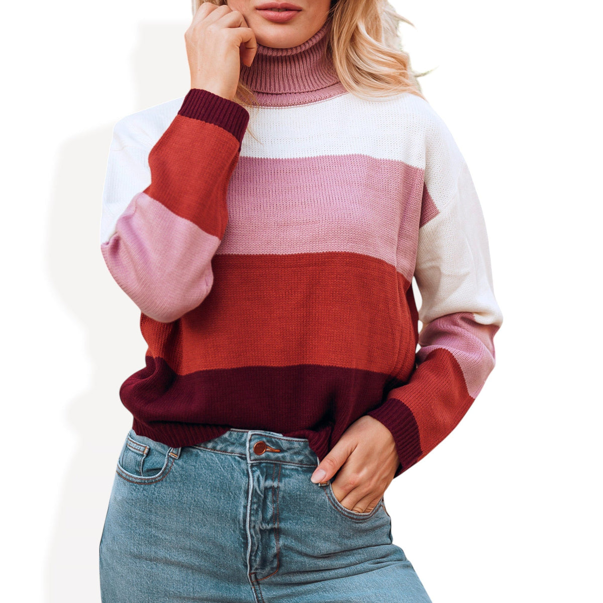 Striped Turtleneck Knit Pullover Sweater with Long Sleeves Anna-Kaci Wholesale