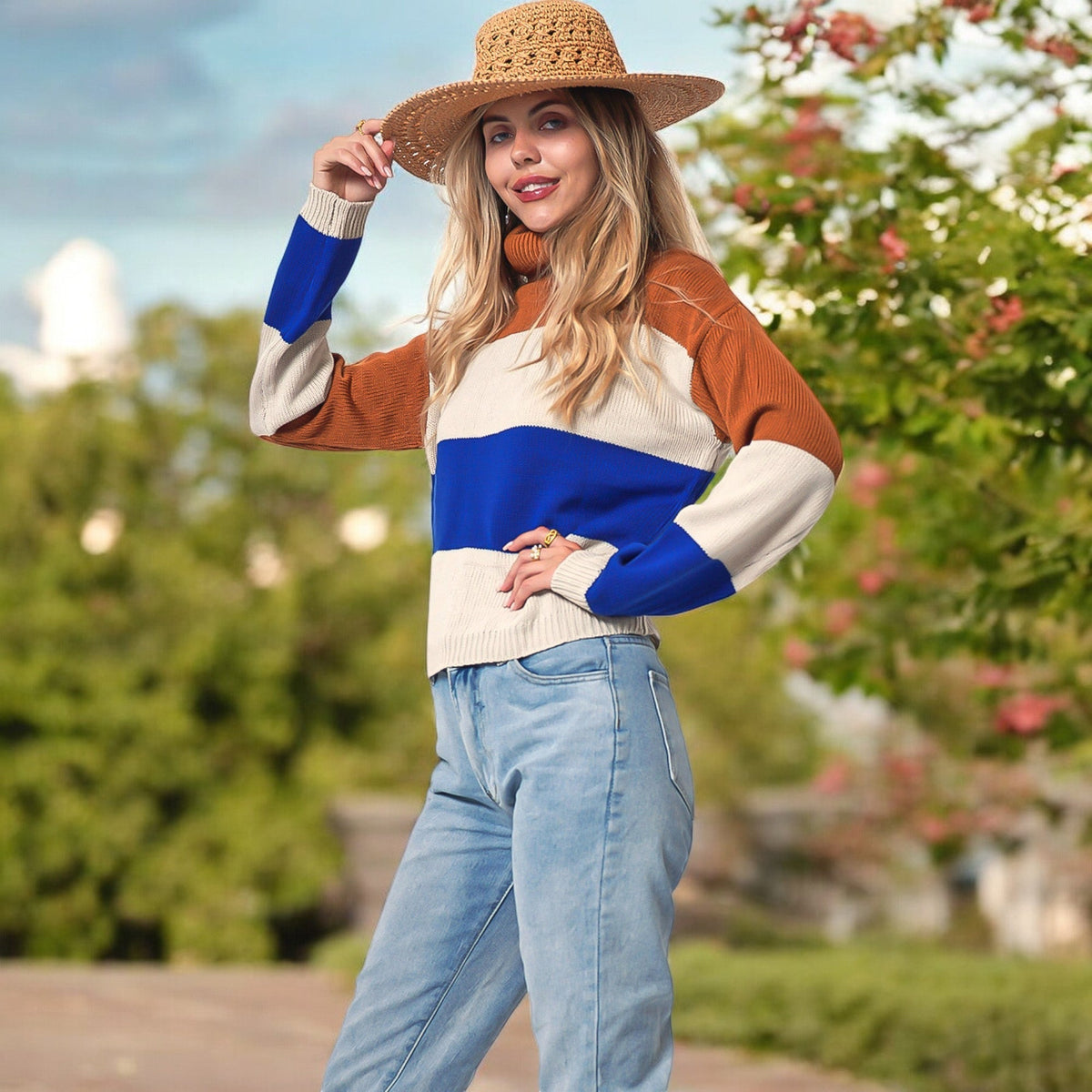 Striped Turtleneck Knit Pullover Sweater with Long Sleeves Anna-Kaci Wholesale