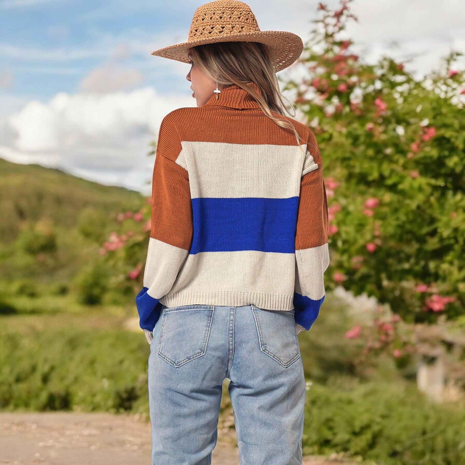 Striped Turtleneck Knit Pullover Sweater with Long Sleeves Anna-Kaci Wholesale