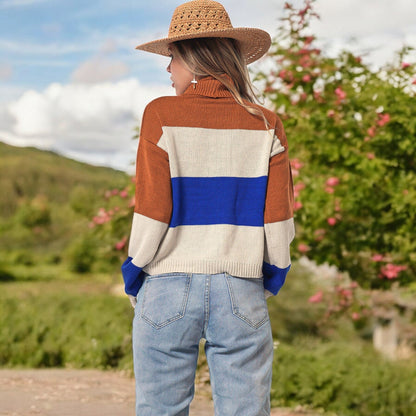 Striped Turtleneck Knit Pullover Sweater with Long Sleeves Anna-Kaci Wholesale