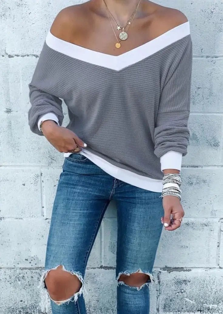 Off Shoulder Contrast Detail Sweater Anna-Kaci Wholesale