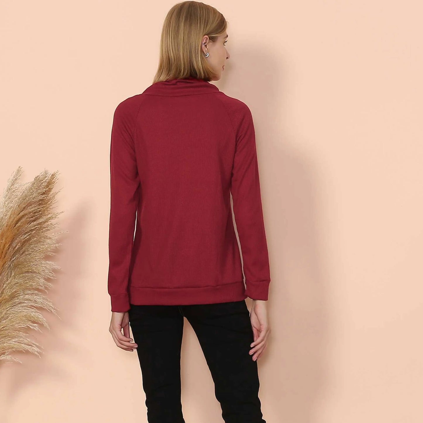 Waffle Knit Cowl Neck Pullover