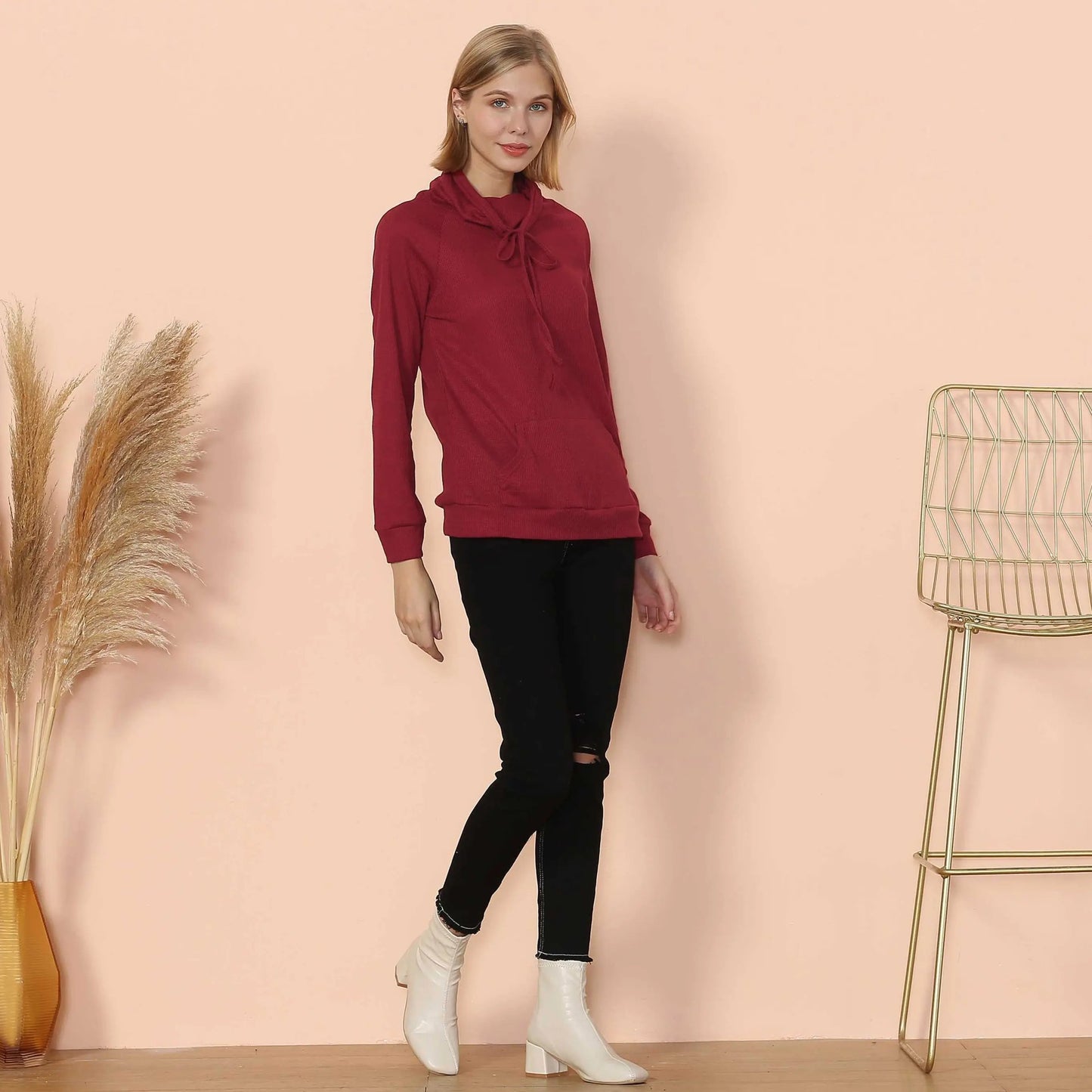 Waffle Knit Cowl Neck Pullover